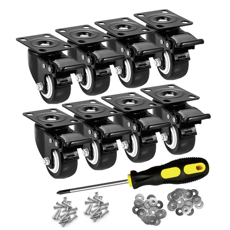 ASHGOOB 2" Caster Wheels Set of 8, Heavy Duty Casters with Brake, No Noise Locking Casters with Polyurethane (PU) Wheels, Swivel Plate Castors Pack of 8 - Image 1